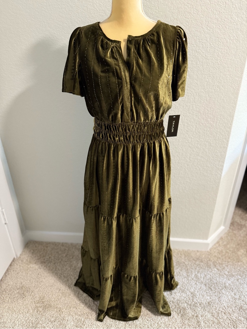 Taylor Olive Green Velvet Maxi Dress with Metallic Pinstripe Details